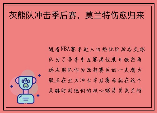 灰熊队冲击季后赛，莫兰特伤愈归来